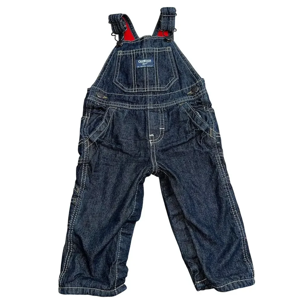 Oshkosh B'gosh 9M dark washed denim red fleece lined Blue carpenter Overalls